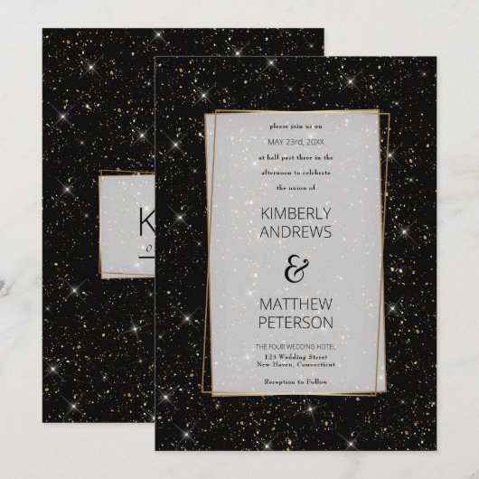 Invitation Luxe noir glam or parties scintillant confetti Mar (Devant / Derrière)
