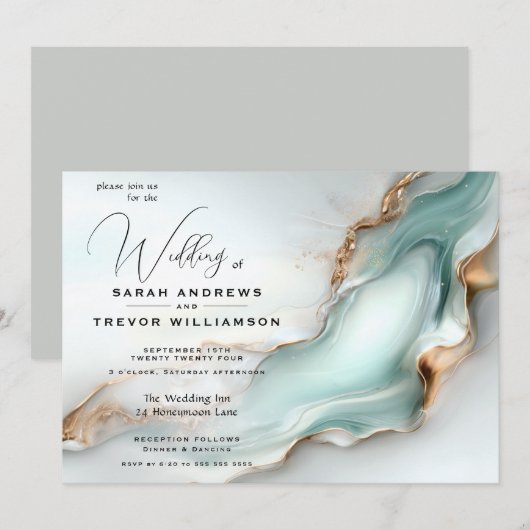Invitation Luxe Opal Turquoise Or Liquide d'alcool Encre (Devant / Derrière)