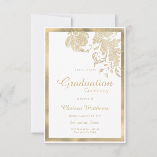 Invitation Luxe or blanc parties scintillant fleurs glam Grad (Devant)