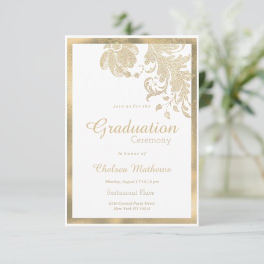 Invitation Luxe or blanc parties scintillant fleurs glam Grad (Debout devant)