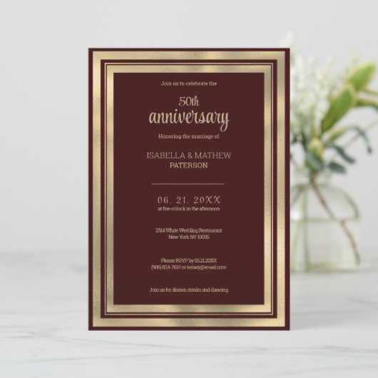 Invitation Luxe or bordeaux 50e anniversaire de Mariage (Debout devant)