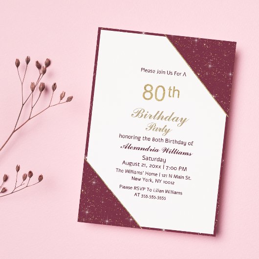 Invitation Luxe or bordeaux 80e fête d'anniversaire