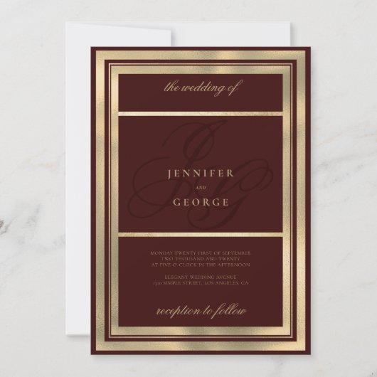 Invitation Luxe or bordeaux monogramme initiales mariage (Devant)