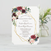 Invitation Luxe or géométrique Bourgogne Fiançailles floral (Debout devant)