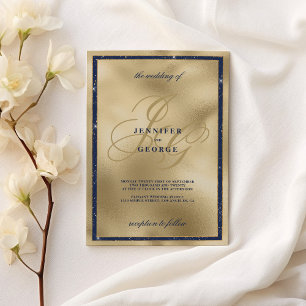 Invitation Luxe or marine bleu monogramme initiales Mariage