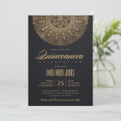 INVITATION LUXE OR NOIR CLASSIQUE ORNATE MANDALA QUINCEANERA (Debout devant)