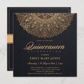 INVITATION LUXE OR NOIR CLASSIQUE ORNATE MANDALA QUINCEANERA (Devant / Derrière)