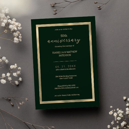 Invitation Luxe or vert foncé 50e anniversaire Mariage