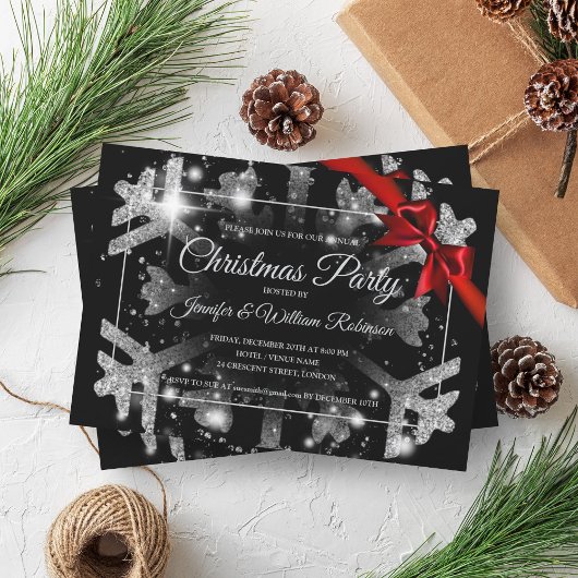 Invitation Luxe Parties scintillant Argent Noël Fête Rouge Ru