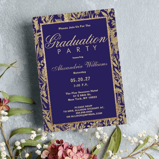 Invitation Luxe parties scintillant or violet floral Graduat