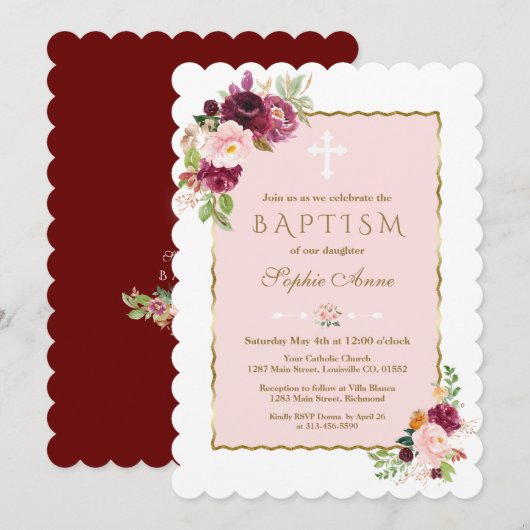 Invitation Luxe Pink Bourgogne Fleurs safran Or Baptême (Devant / Derrière)