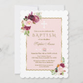 Invitation Luxe Pink Bourgogne Fleurs safran Or Baptême (Devant)