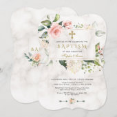 Invitation Luxe Pink Floral Frame Marbre Gold Cross Baptism (Devant / Derrière)