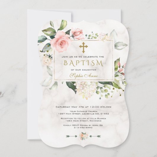 Invitation Luxe Pink Floral Frame Marbre Gold Cross Baptism (Devant)
