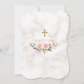 Invitation Luxe Pink Floral Frame Marbre Gold Cross Baptism (Dos)