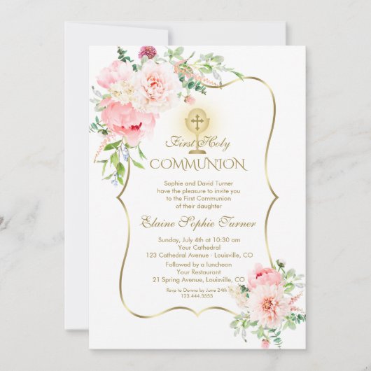 Invitation Luxe Printemps Blush Floral Or Sainte Communion (Devant)