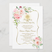 Invitation Luxe Printemps Blush Floral Or Sainte Communion (Devant / Derrière)