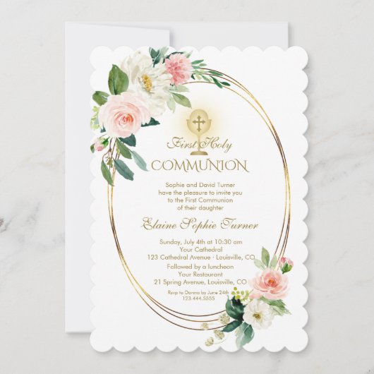 Invitation Luxe Printemps Blush Floral Or Sainte Communion (Devant)