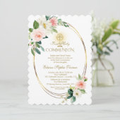 Invitation Luxe Printemps Blush Floral Or Sainte Communion (Debout devant)