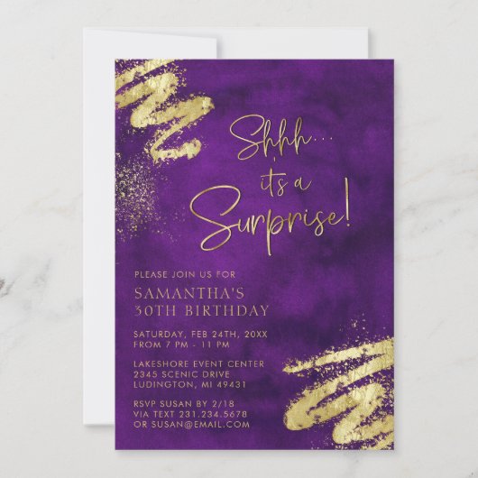 Invitation Luxe Purple et Gold Surprise fête d'anniversaire (Devant)