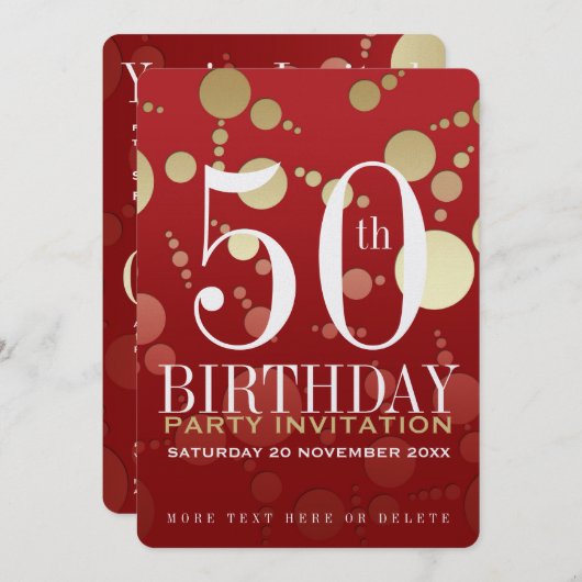 Invitation Luxe Red Gold 50th Birthday Party (Devant / Derrière)