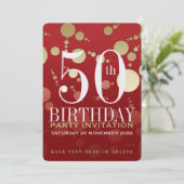 Invitation Luxe Red Gold 50th Birthday Party (Debout devant)