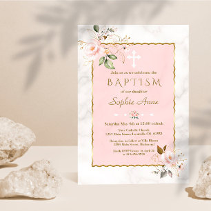 Invitation Luxe Rose Blush Gold Flowers Marbre Baptême