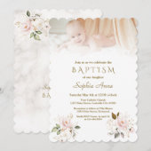 Invitation Luxe Rose Blush Gold Flowers Photo Baptême (Devant / Derrière)
