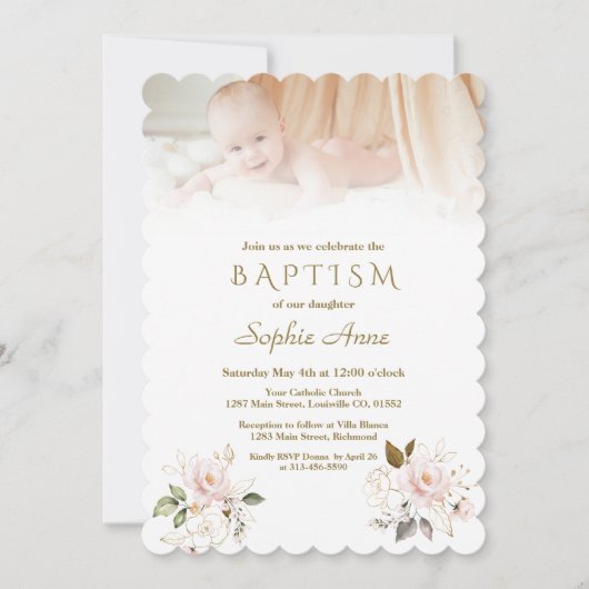 Invitation Luxe Rose Blush Gold Flowers Photo Baptême (Devant)