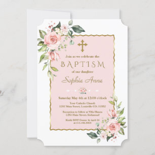 Invitation Luxe rose Fleurs blanches Croix d'or Baptême