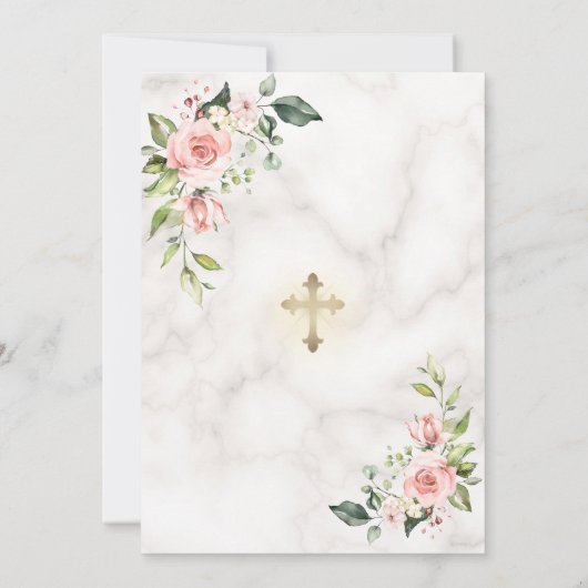Invitation Luxe rose Fleurs blanches en or Marbre Baptême (Dos)