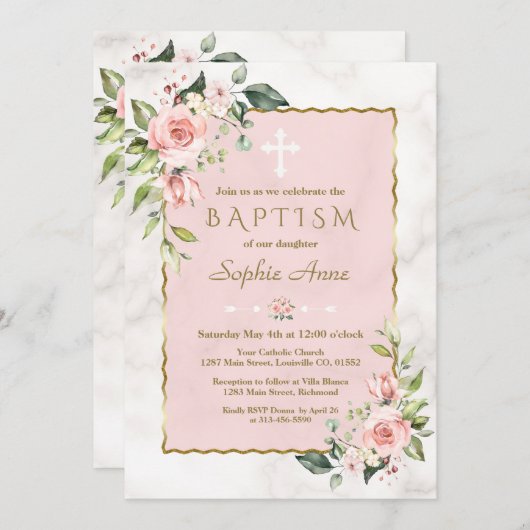 Invitation Luxe rose Fleurs blanches en or Marbre Baptême (Devant / Derrière)