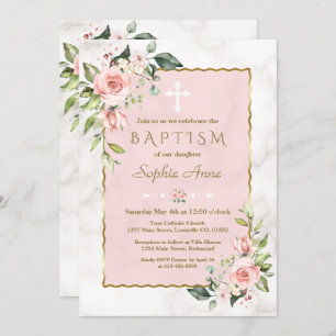 Invitation Luxe rose Fleurs blanches en or Marbre Baptême