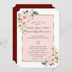 Invitation Luxe rose Fleurs blanches Mariage Gold Frame