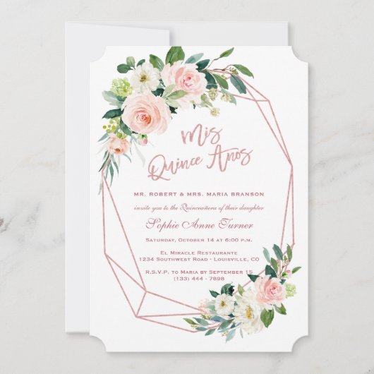 Invitation Luxe rose Fleurs blanches Rose or Quinceañera (Devant)