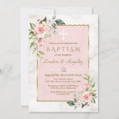 Invitation Luxe rose Fleurs Blush Or Marbre Girl Baptême (Devant)