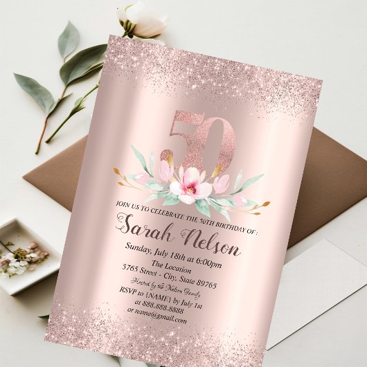 Invitation Luxe Rose Parties scintillant or Aquarelle Flower