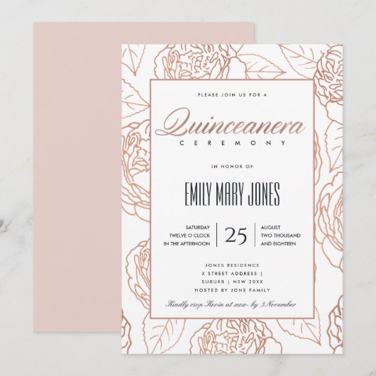 INVITATION LUXE ROSE ROSE ROSE ROSE OR FLORAL QUINCEANERA (Devant / Derrière)