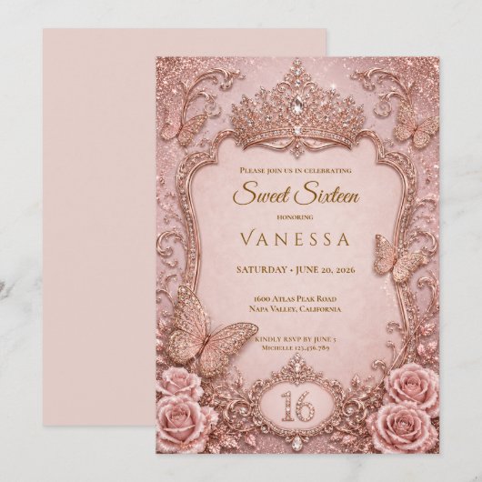 Invitation Luxe Rose Strass Paillettes Sweet 16 (Devant / Derrière)