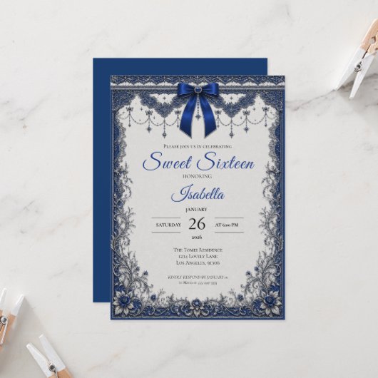 Invitation Luxe Royale Bleue Sweet 16 (Devant/Arrière en situation)