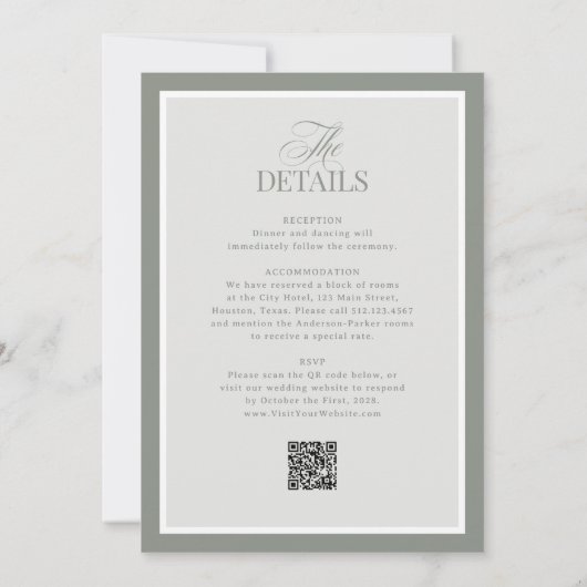 Invitation Luxe Sage Green avec RSVP QR Code | Mariage (Dos)