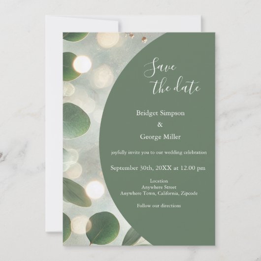 Invitation luxe Sage Green Eucalyptus coffre-fort Mariage dat (Devant)