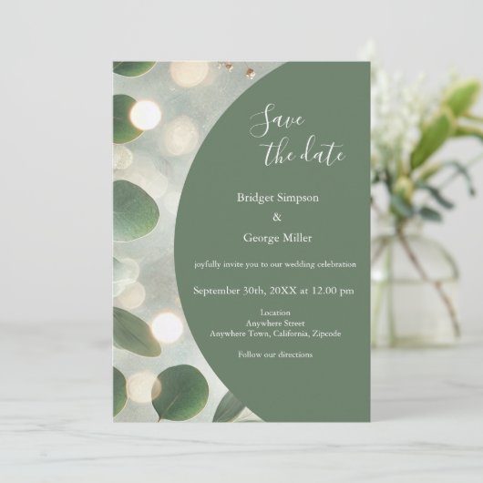 Invitation luxe Sage Green Eucalyptus coffre-fort Mariage dat (Debout devant)