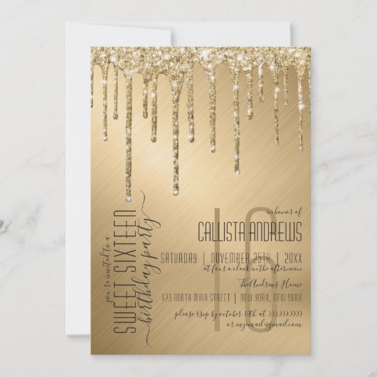 Invitation Luxe Sparkly Gold Parties scintillant Drips Sweet (Devant)