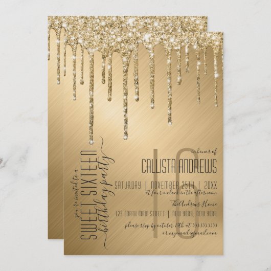 Invitation Luxe Sparkly Gold Parties scintillant Drips Sweet  (Devant / Derrière)