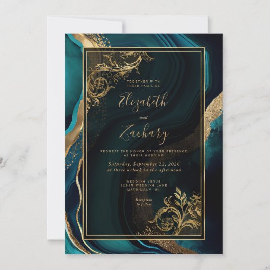 Invitation Luxe Turquoise Agate Gold Frame QR Code Mariage (Devant)