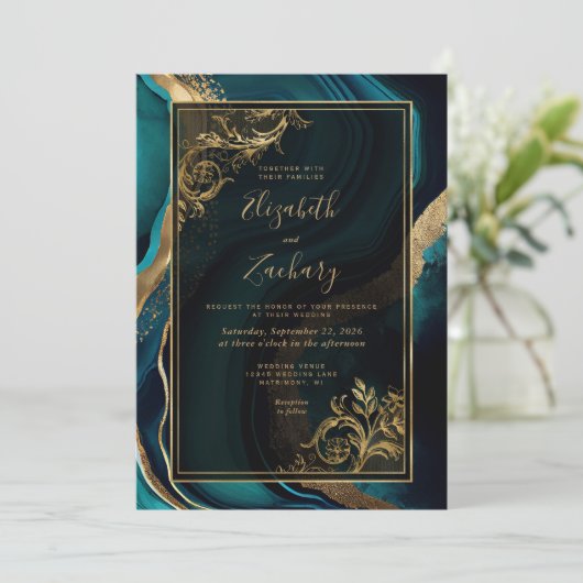 Invitation Luxe Turquoise Agate Gold Frame QR Code Mariage (Debout devant)