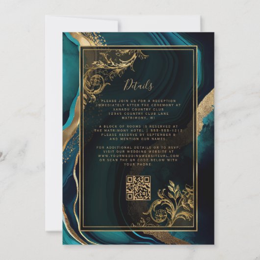 Invitation Luxe Turquoise Agate Gold Frame QR Code Mariage (Dos)