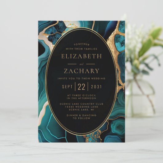 Invitation Luxe Turquoise Agate Gold Oval Frame Mariage (Debout devant)