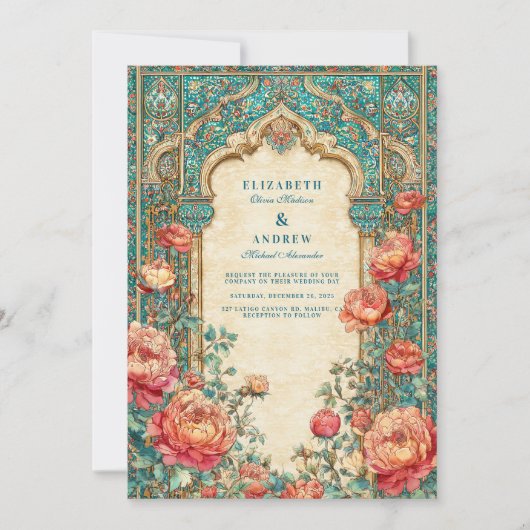 Invitation Luxe Turquoise et Mariage Rose d'or (Devant)